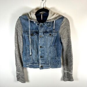 Free People Denim Jacket Hoodie Knit Sleeves Distressed Blue Gray XS boho grunge